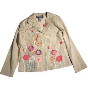 Vtg Y2K Indigo Moon Beige Floral Embroidered Embellished Blazer Jacket Sz S